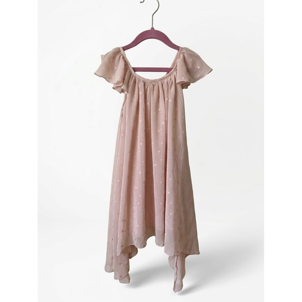 Ele Story Girls Pink Sheer Flutter Sleeve Heart Print Dress - Size 4T